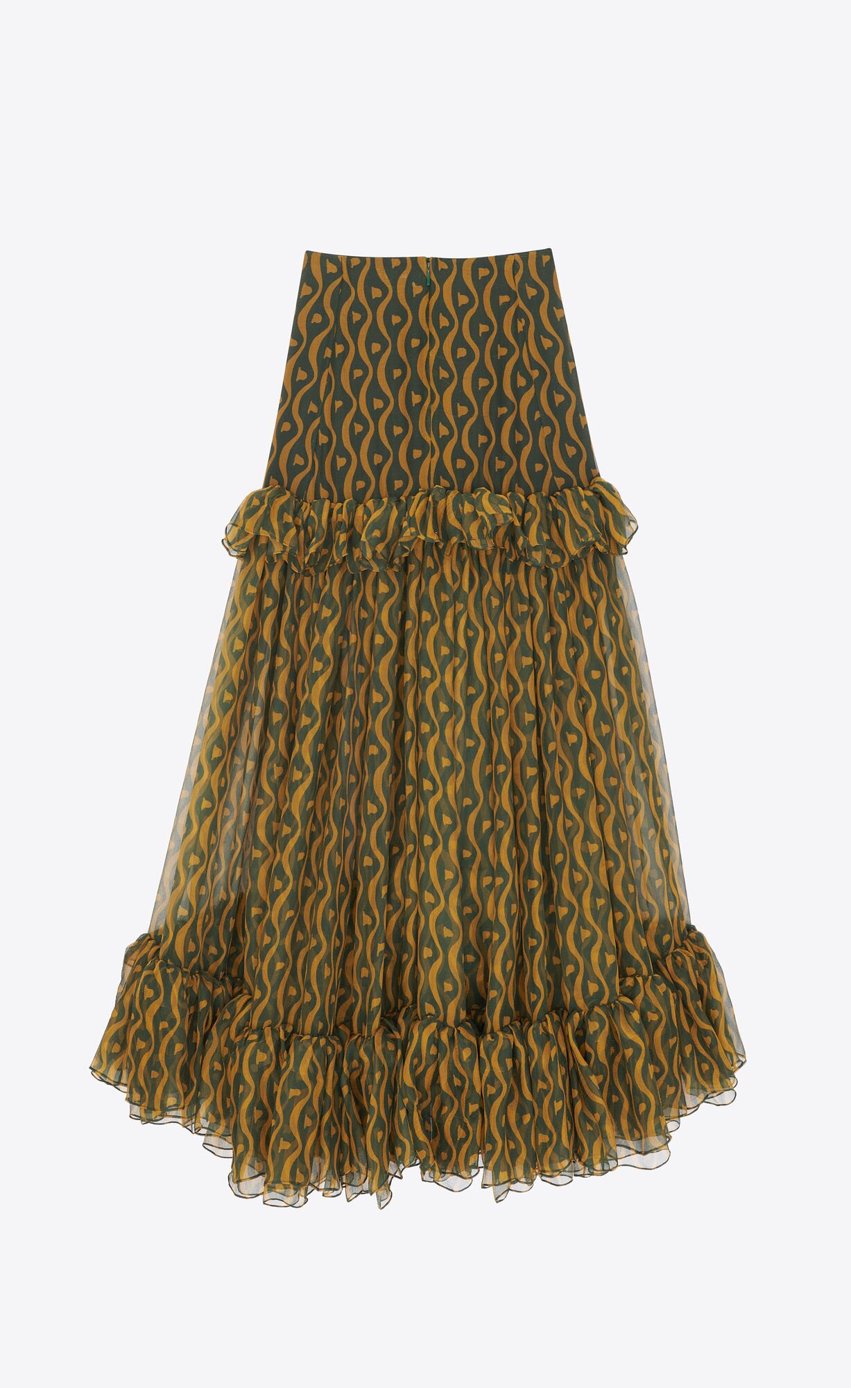 YSL Ruffled Long Skirt In Silk Vert Ocre | 85902-IHVP