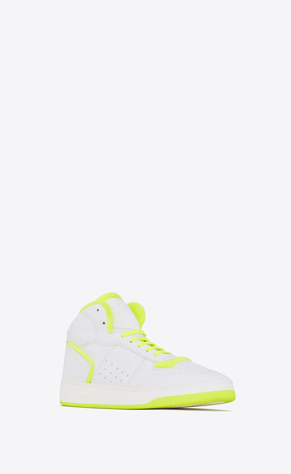 YSL Sl/80 Stredne-top Sneakers In Smooth And Grained Kozene Blanc Optique Et Jaune Fluo | 32410-CPZS