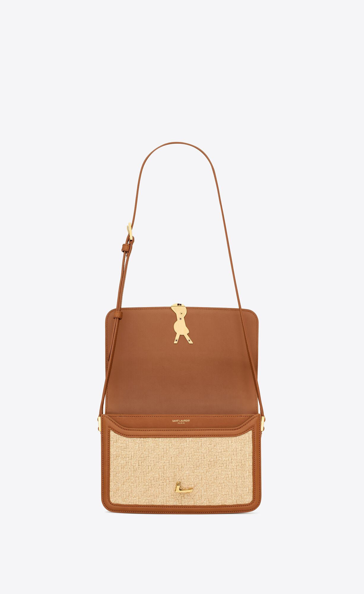 YSL Solferino Medium Satchel In Raffia And Vegetable-tanned Kozene Béžové Hnede Tmavo Červené | 84517-MZCT