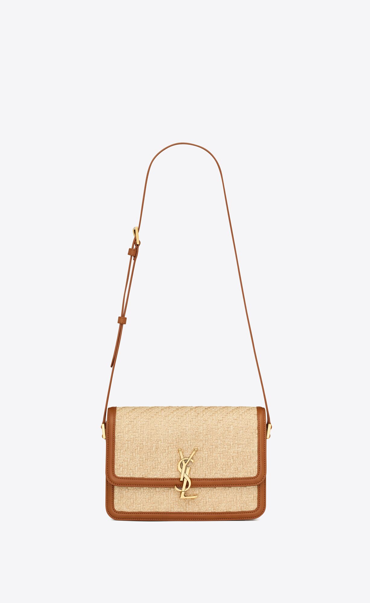 YSL Solferino Medium Satchel In Raffia And Vegetable-tanned Kozene Béžové Hnede Tmavo Červené | 84517-MZCT