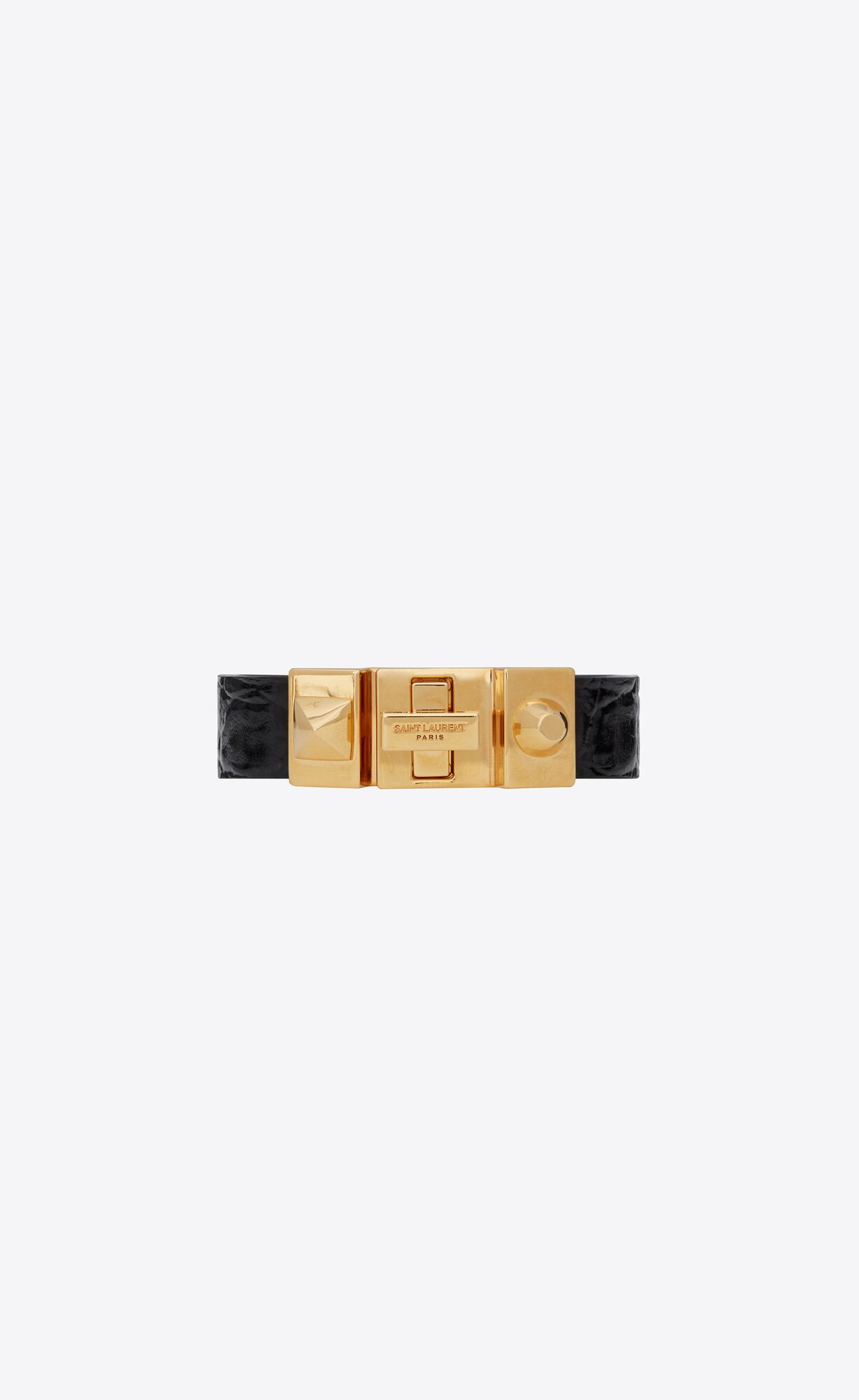 YSL Studded Closure Bracelet In Crocodile-embossed Kozene And Metal Čierne Zlate | 38945-YWTX