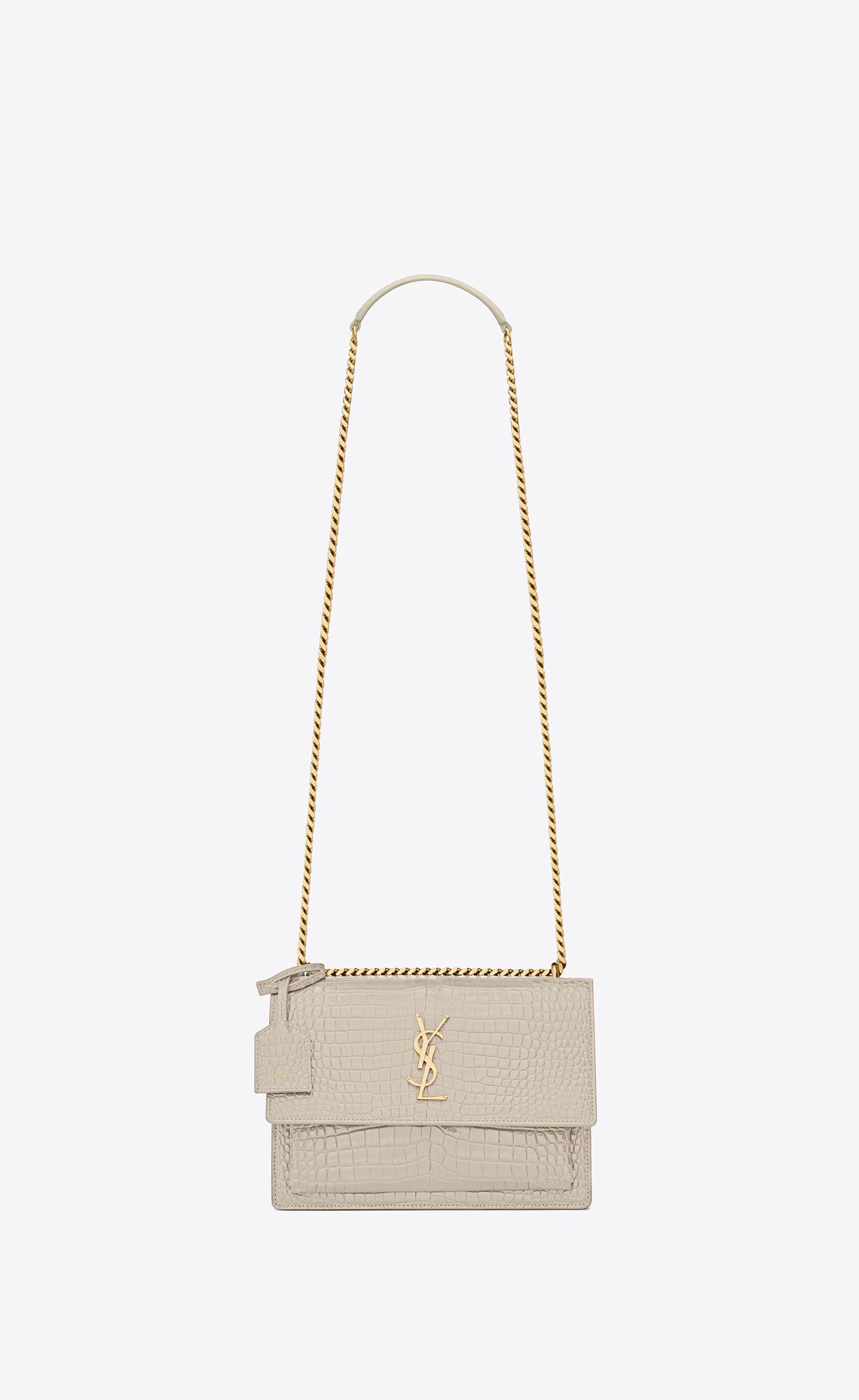 YSL Sunset Medium Chain Bag In Crocodile-embossed Shiny Kozene Blanc Vintage | 34972-JRLT