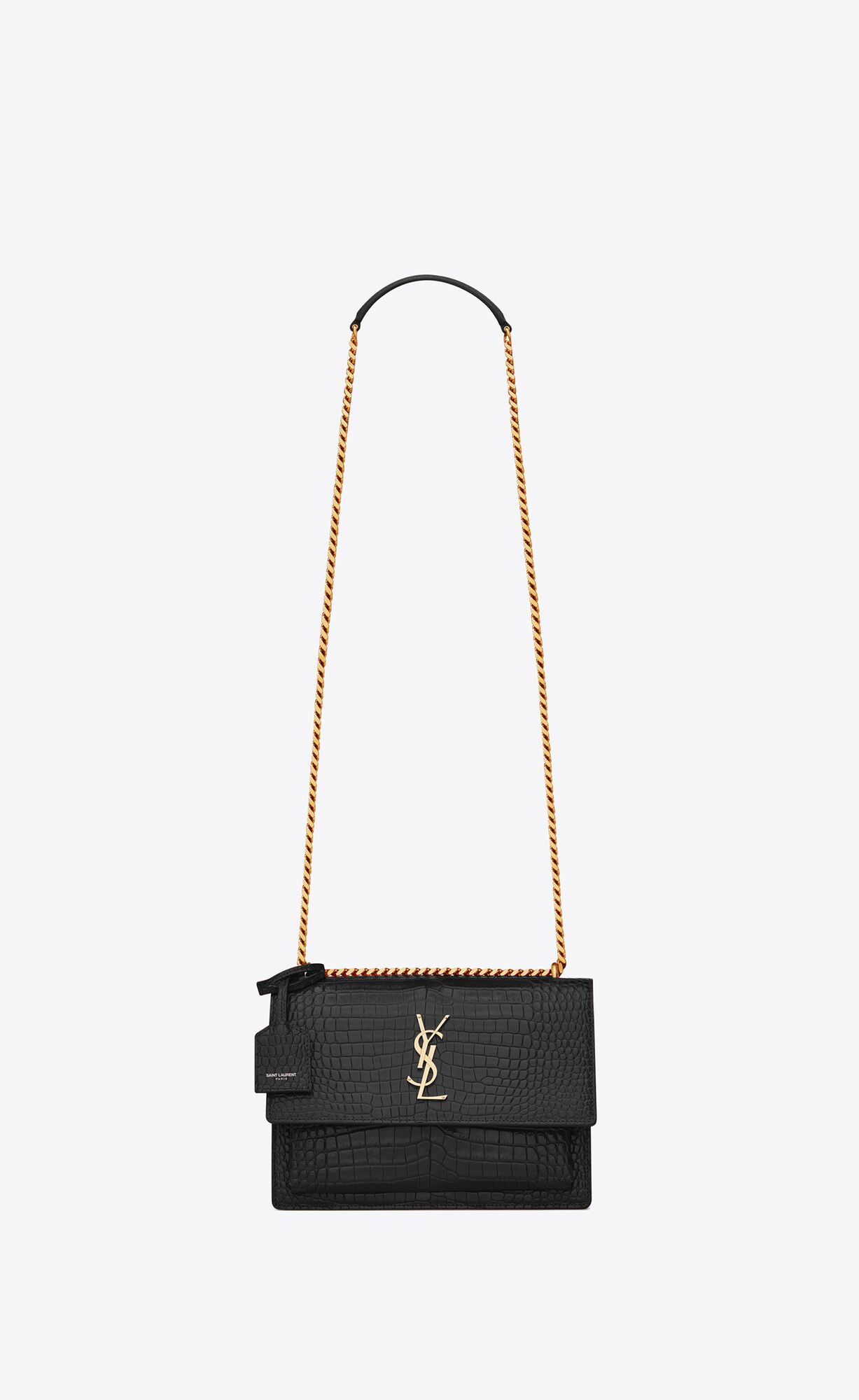 YSL Sunset Medium Chain Bag In Crocodile-embossed Shiny Kozene Noir | 38209-JAVN