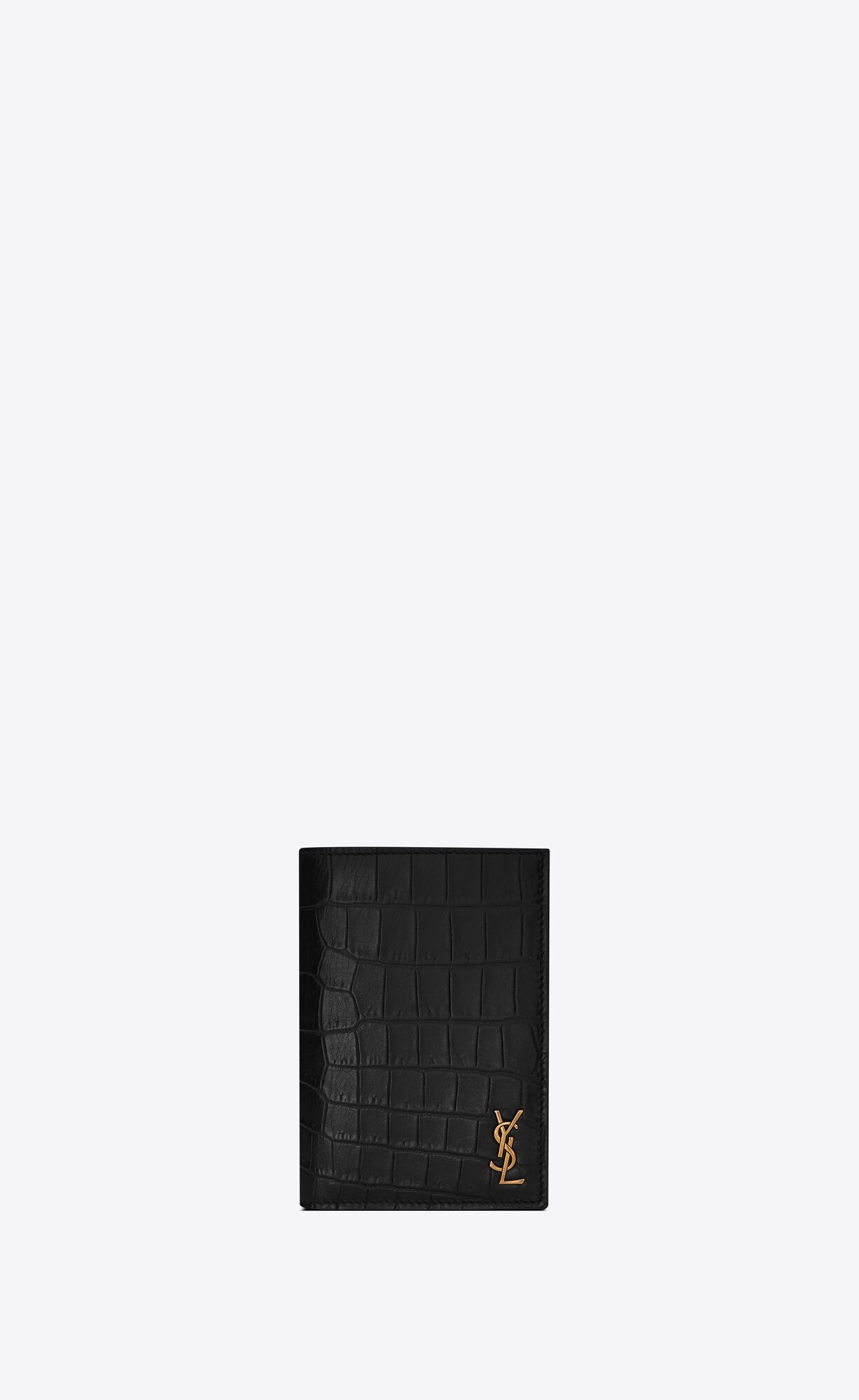 YSL Tiny Cassandre Credit Card Wallet In Crocodile-embossed Matte Kozene Čierne | 50438-RJLK