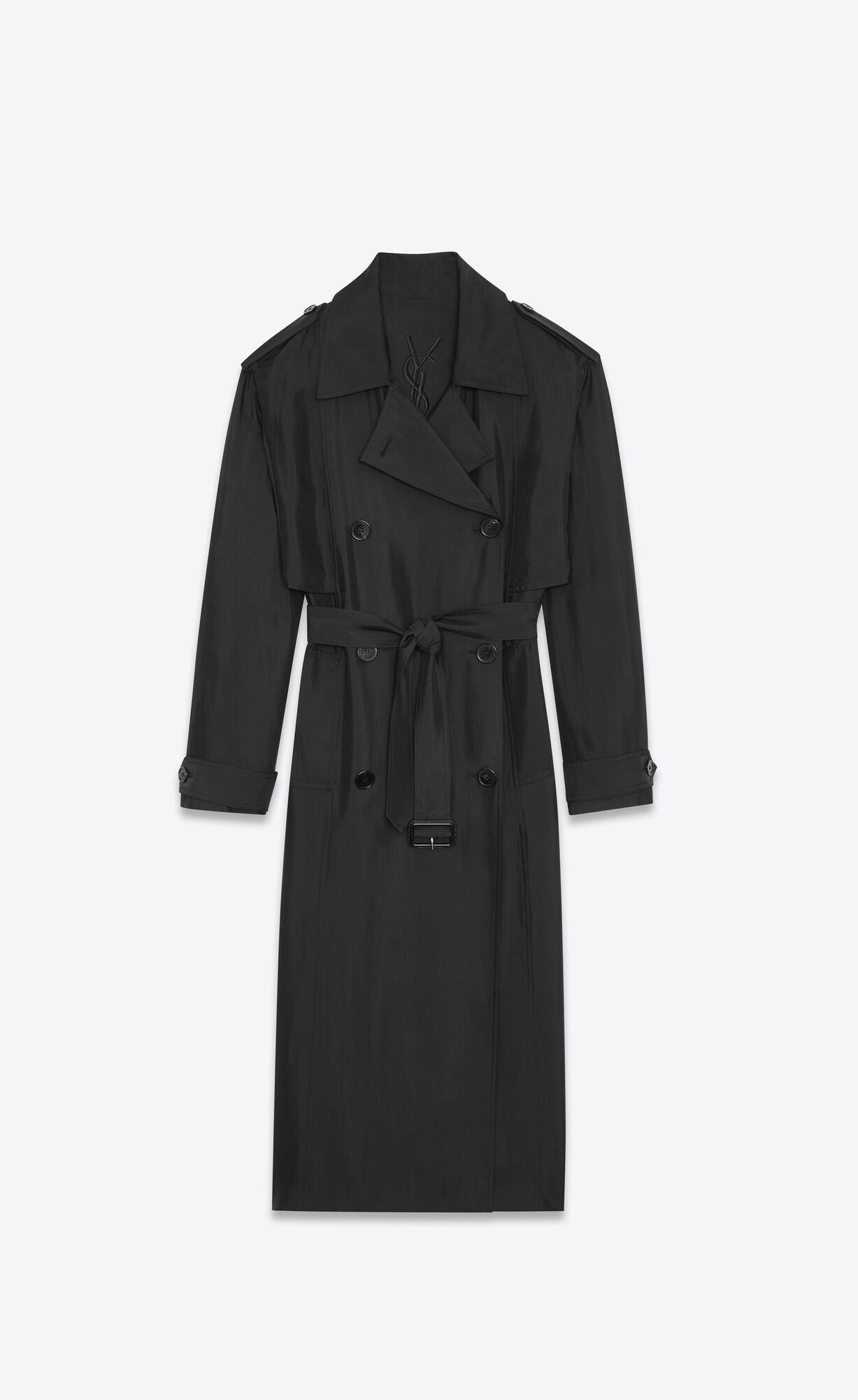 YSL Trench Coat In Silk Satin Čierne | 48957-QRBH