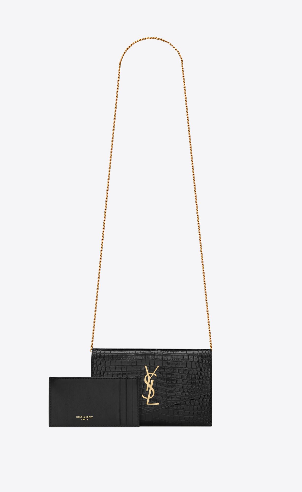 YSL Uptown Chain Wallet In Crocodile-embossed Shiny Kozene Noir | 49137-SQEG