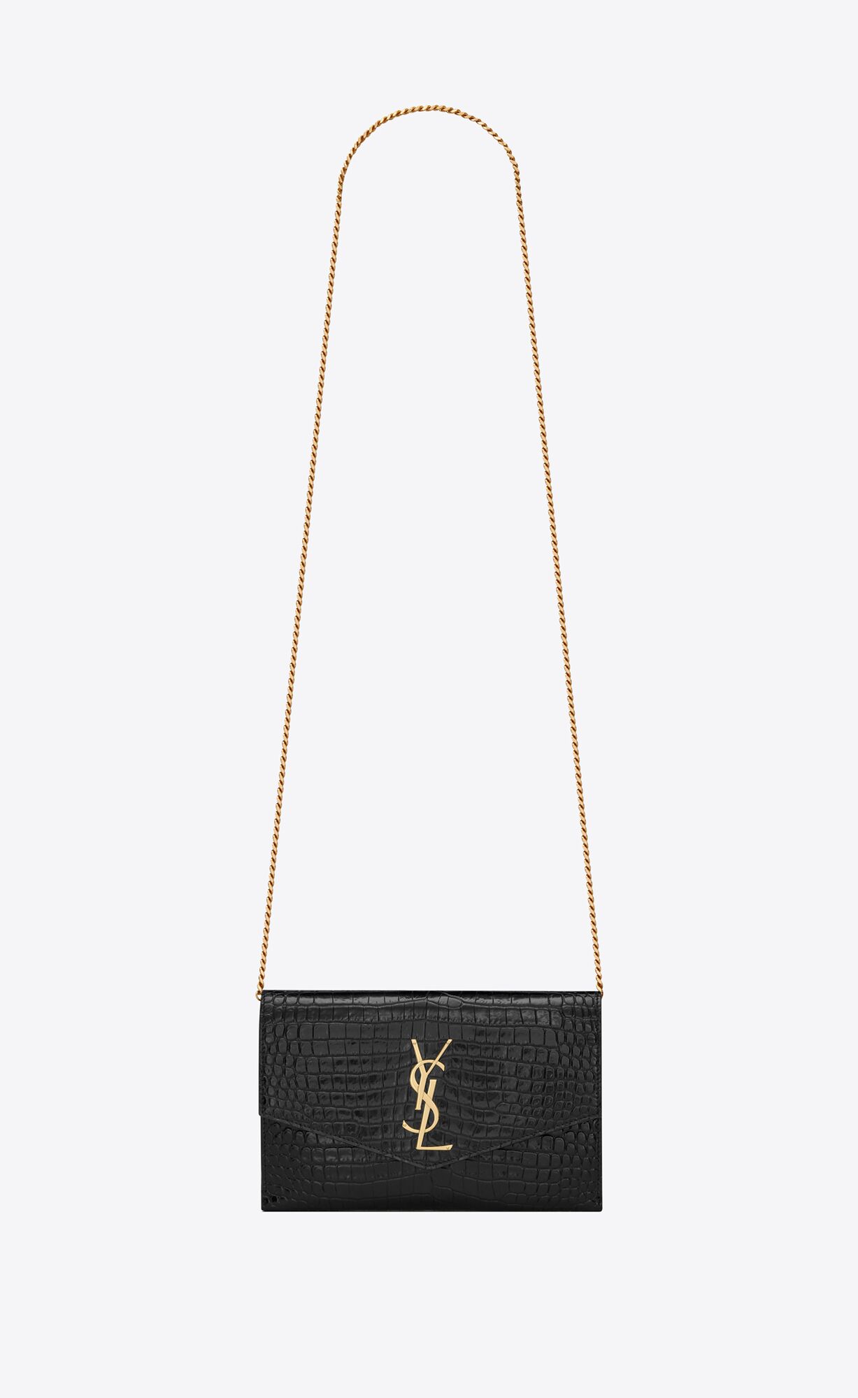 YSL Uptown Chain Wallet In Crocodile-embossed Shiny Kozene Noir | 49137-SQEG