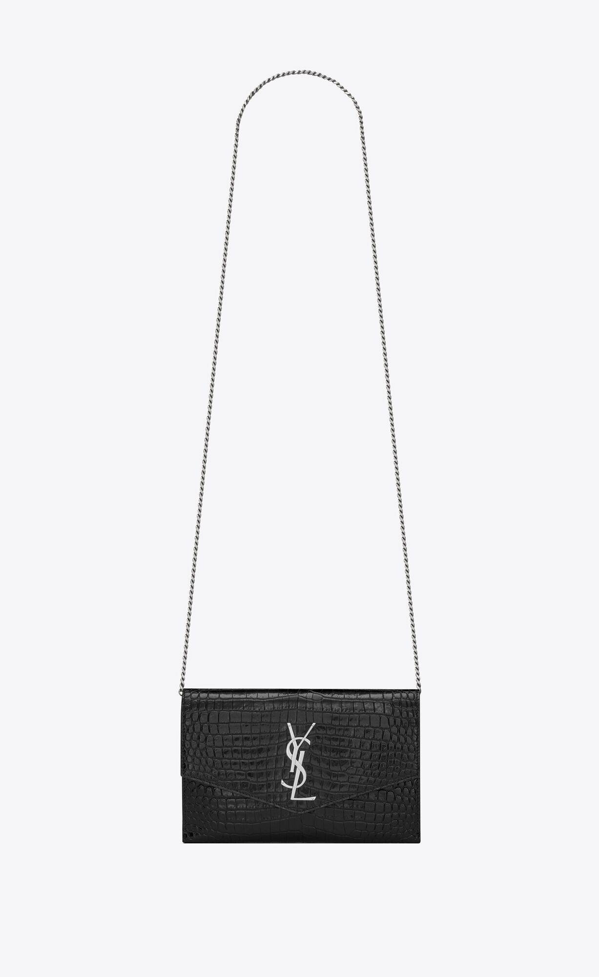 YSL Uptown Chain Wallet In Crocodile-embossed Shiny Kozene Čierne | 76348-JBVY