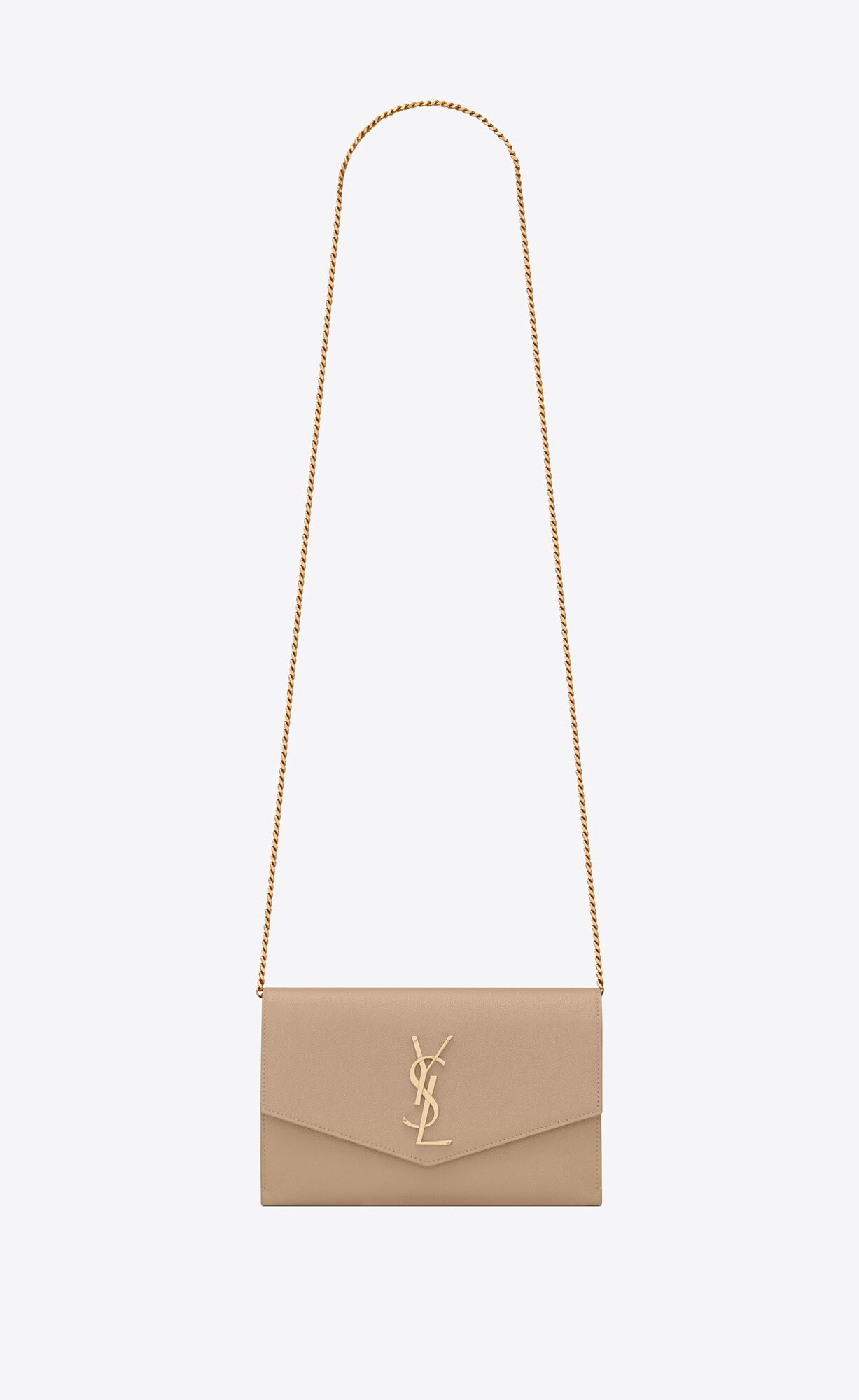 YSL Uptown Chain Wallet In Grain De Poudre Embossed Kozene Tmavo Béžové | 14205-LFON