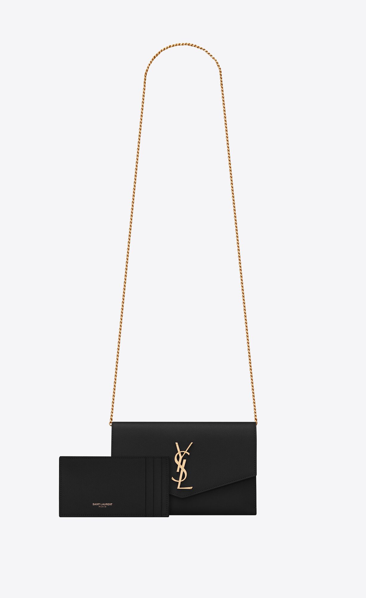 YSL Uptown Chain Wallet In Grain De Poudre Embossed Kozene Čierne | 16583-ROHY