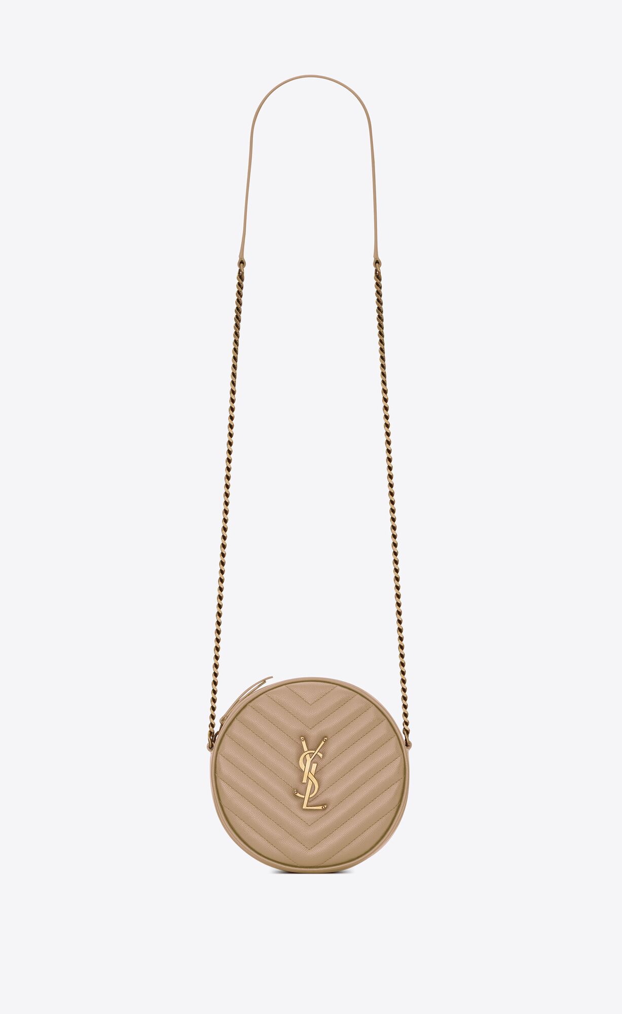 YSL Vinyle Round Camera Bag In Chevron-quilted Grain De Poudre Embossed Kozene Tmavo Béžové | 61420-EPOJ