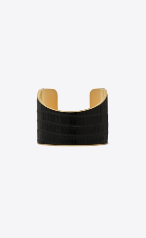 YSL Asymmetric Cuff Bracelet In Tejus-embossed Kozene And Metal Čierne | 91640-HUIR