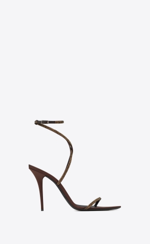 YSL Ava Sandals In Crepe Satin With Rhinestones Tmavo Čokoláda | 29416-UCAH