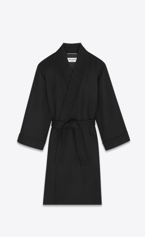 YSL Belted Coat In Vlna Felt Noir Brillant | 61253-KGMV