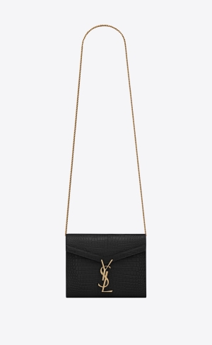 YSL Cassandra Chain Wallet In Crocodile-embossed Shiny Kozene Čierne | 08149-FGYS