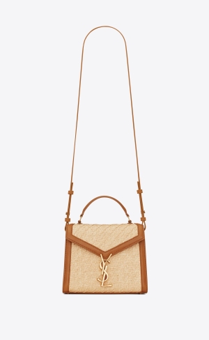 YSL Cassandra Mini Top Handle Bag In Raffia And Vegetable-tanned Kozene Béžové Hnede Tmavo Červené | 46817-LTKS