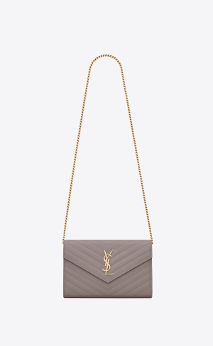 YSL Cassandre Matelassé Chain Wallet In Grain De Poudre Embossed Kozene Fog | 29341-JXYM