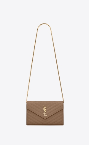 YSL Cassandre Matelassé Chain Wallet In Grain De Poudre Embossed Kozene Siva Hnede | 46023-NQOP