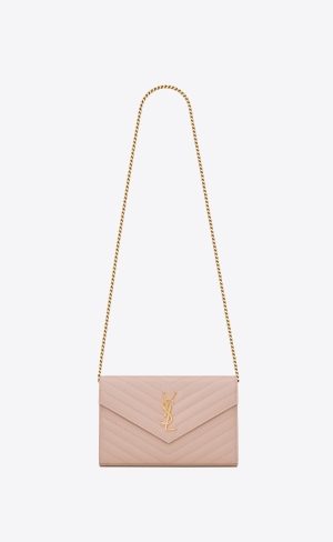 YSL Cassandre Matelassé Chain Wallet In Grain De Poudre Embossed Kozene Ruzove | 51273-YFAQ