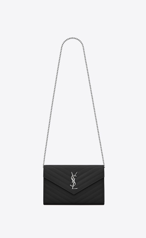 YSL Cassandre Matelassé Chain Wallet In Grain De Poudre Embossed Kozene Čierne | 92347-EYCU