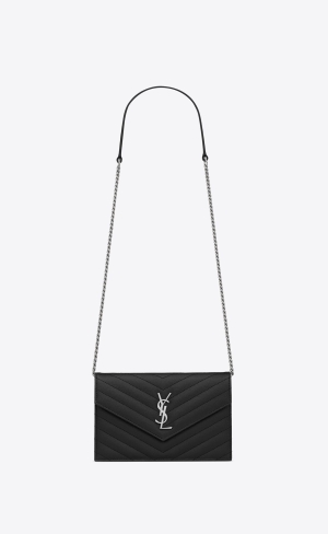 YSL Cassandre Matelassé Envelope Chain Wallet In Grain De Poudre Embossed Kozene Noir | 70936-CSRP