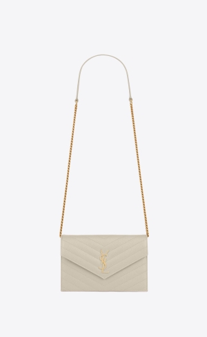 YSL Cassandre Matelassé Envelope Chain Wallet In Grain De Poudre Embossed Kozene Crema Soft | 86574-BSOI