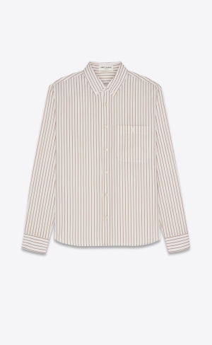 YSL Cassandre Shirt In Pruhované Bavlnene Poplin Creme Caramel | 16582-UBNI