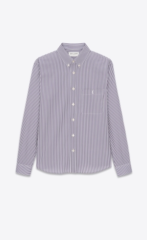 YSL Cassandre Shirt In Pruhované Bavlnene Poplin Blanc Et Encre | 24560-MLOH