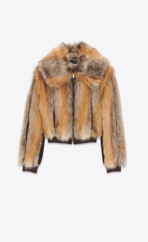 YSL Cropped Coat In Animal-free Fur Noir, Roux Et Creme | 86357-IVXN