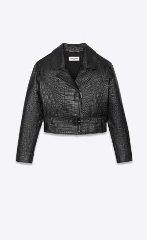 YSL Cropped Jacket In Crocodile-embossed Kozene Čierne | 83914-SIDM