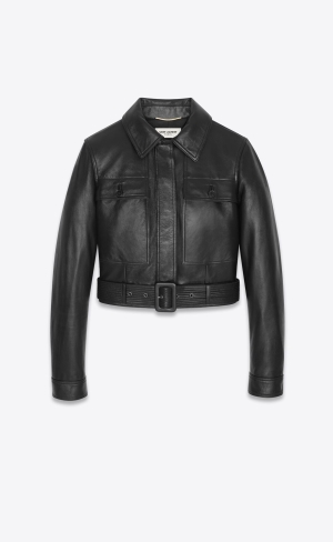 YSL Cropped Jacket In Drummed Lambskin Noir | 06395-YOKP