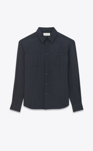 YSL Cropped Shirt In Mat And Shiny Pruhované Silk Bleu Nuit | 79154-DSNU