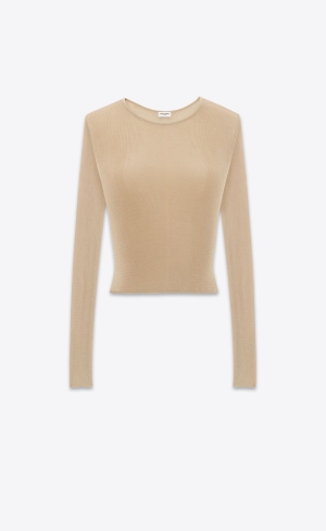 YSL Cropped Top In Rebrovaný Knit Béžové | 79842-IWNA