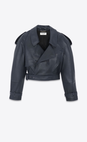 YSL Cropped Trench In Shiny Lambskin Bleu Fonce | 84912-HELZ