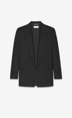 YSL Double-breasted Jacket In Pinstripe Vlna Noir Craie | 35482-ZEKY