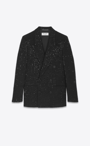 YSL Double-breasted Jacket In Sequined Tweed Noir Brilliant | 97816-CIBH