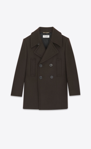 YSL Double-breasted Peacoat In Vlna Gabardine Marron Fonce | 34501-HNQY