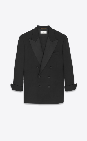 YSL Double-breasted Tuxedo Jacket In Grain De Poudre Noir | 76810-FUCP