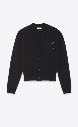 YSL Embroidered Cardigan In Cashmere Čierne | 72143-BOMD