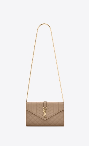 YSL Envelope Chain Wallet In Mix Matelassé Grain De Poudre Embossed Kozene Hnede | 10935-NGQZ