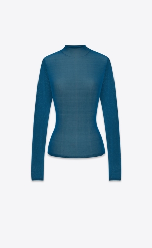 YSL High Neck Top In Silk Bleu Canard | 25387-YISM