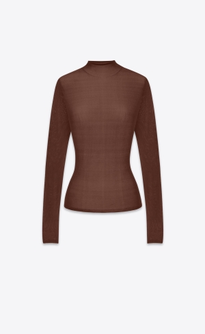 YSL High Neck Top In Silk Chocolat | 39415-ZLGI