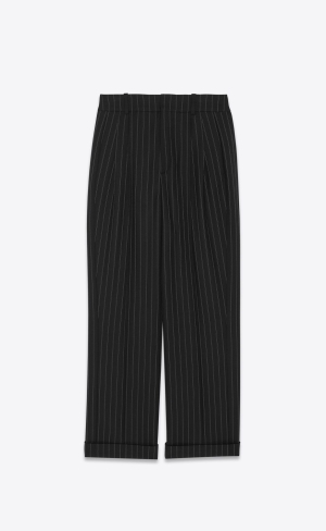 YSL High-waisted Pants In Pruhované Vlna Noir Craie | 57614-YKXI