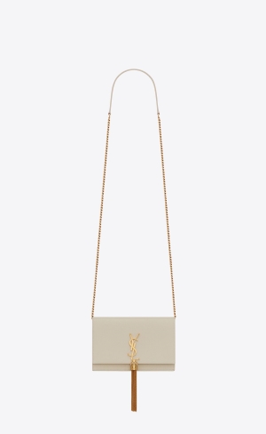 YSL Kate Chain Wallet With Tassel In Grain De Poudre Embossed Kozene Blanc Vintage | 26518-UGLZ