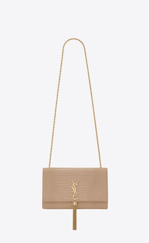 YSL Kate Medium Chain Bag With Tassel In Crocodile-embossed Shiny Kozene Tmavo Béžové | 63459-FRIZ