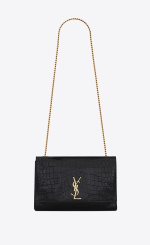 YSL Kate Medium Reversible Chain Bag In Semisove And Crocodile-embossed Kozene Siva Hnede | 02364-FBET