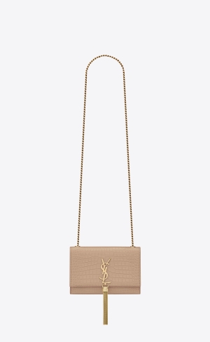 YSL Kate Small Chain Bag With Tassel In Crocodile-embossed Shiny Kozene Tmavo Béžové | 04972-EPNW