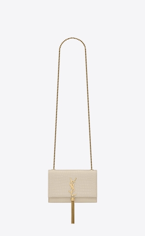 YSL Kate Small Chain Bag With Tassel In Crocodile-embossed Shiny Kozene Blanc Vintage | 60135-XWNU