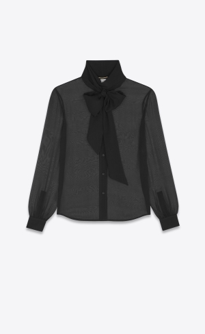 YSL Lavallière-neck Blouse In Crepe Muslin Noir | 72308-VLBH