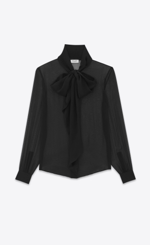 YSL Lavallière-neck Shirt In Crepe Muslin Čierne | 65392-ZRTN